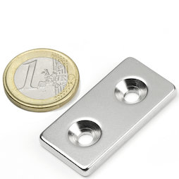 CS-Q-40-20-04-N, Blokmagneet 40 x 20 x 4 mm, met doorlopend verzonken gat, N35, vernikkeld
