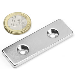 CS-Q-60-20-04-N, Blokmagneet 60 x 20 x 4 mm, met doorlopend verzonken gat, N35, vernikkeld